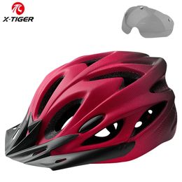 XTIGER Cycling Helmet Integrallymolded Bicycle LED Lights MTB Bike Ultralight Sports Safe Hat With Goggles Visor 240401