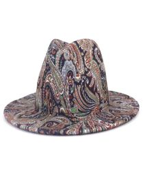 Cashew Flower Digital Printing Jazz Fedora Hats Wide Brim Top Hats for Women Luxury Designer Brand Fascinator Felt Panama Cap8976243