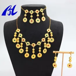 Necklace Earrings Set Women's Fashion Traditional Multi Colour Gemstone Coin With Gold Plating