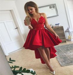 Sexy Red Short Prom Dresses Backless Spaghetti Strap A Line Lace Satin Cheap homecoming Party Gowns 2019 Custom Made Occasion Dres1618050