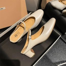 Slippers Summer Shoes Mules For Women Split Leather Straight Line Round Toe Thick Heel Ladies