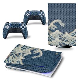 Stickers For PS5 Standard Disc Edition Console and 2 Controllers Waves Design Skin Sticker Removable Cover PVC Vinyl