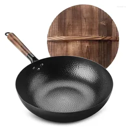Pans 32cm Chinese Traditional Handmade Iron Wok Thickening Non Coated Round Bottom Pan Cook Large Cooking Pot With Wood Lid