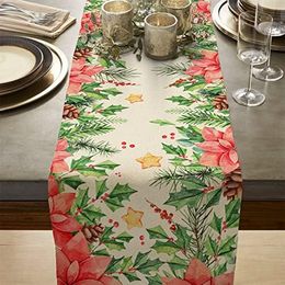 Christmas Poinsettia Floral Linen Table Runners Holiday Party Table Decor Winter Xmas Dining Table Runners Christmas Decorations