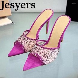 Slippers Spring Summer Pointed Toe Thin High Heel Sandals Women Crystal Beads Decoration Shallow Mouth Sexy Party Dress Shoes