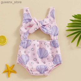 Jednoczęściowe 6M-3T PREZCHOLE GIRLES Summer Swimsuit Śliczne skorupa nadrukowane rękawowe stroje kąpielowe Pasek Swimsuit Różowy strój kąpielowy Y240412