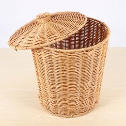 JHD-Woven Basket Trash Can Round Rattan Waste Basket with Lid Planter Woven Storage Baskets Wicker Wastebasket Garbage Bin