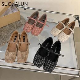 Casual Shoes SUOJIALUN 2024 Autumn Women Flat Fashion Plaid Fabric Ladies Soft Mary Jane Suqare Toe Dress Ballet