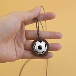 Ball Pattern Glass Dome Wood Pendant Necklace Football Basketball Baseball Volleyball Colored Ball Vintage Brown Cord Gift