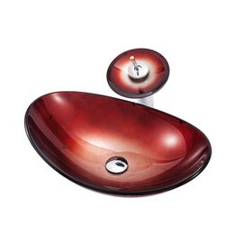 Wine Red Art Tempered Glass Bathroom Sink Hotel Countertop Washbasin Simple Toilet Balcony Basin With Accessories