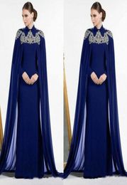 Dubai Arabic Dark Blue Sheath Evening Dresses With Cape Beaded Jewel Neck Long Sleeves Kaftan Floor Length Formal Prom Dress Long 1393959