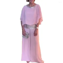 Women's Two Piece Pants Business Women Outfit Chic Glitter Patchwork Chiffon Set For O-neck Batwing Sleeve Tops Wide Leg