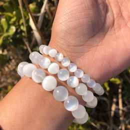 1 Pc Fengbaowu Natural Selenite Bracelet White Round Beads Reiki Healing Stone Jewellery Gift For Women Men 240402