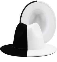 Black White Patchwork Wool Felt Jazz Fedora Hat Women Unisex Wide Brim Panama Party Trilby Cowboy Cap Men Gentleman Wedding Hat 223726464