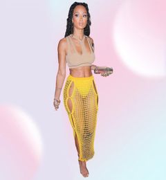 ANJAMANOR Sexy Crochet Knitted Long Skirts Summer Vacation Outfits Beach Club Wear Hollow Out Split Maxi Skirt Yellow D83DC17 Y083530009