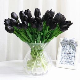 PU real touch artificial black rose tulip gorgeous latex flower stamens wedding fake flower dcor home party memorial 15PCS LOT220k