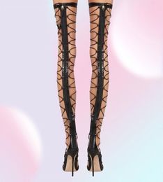 Women Thigh High Heels Summer Boots Sexy Hollow Out Over The Knee Sandals Lace Up Strappy Stiletto Party Show Pumps3366759