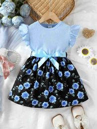 Girl's Dresses Kid Girl Princess Dress Flower Flutter Sleeve Skirt with Bow Summer Lovely Gathering Party Clothing for Children Girl 4-7 Years Y240412