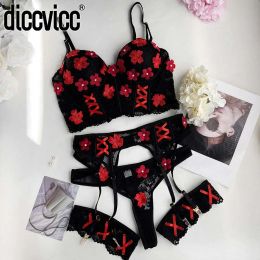 Bras Diccvicc Lingerie for Women Floral Embroidery Sexy Lace Push Up Bra Fancy Garter Set Cute Girl Female Underwear Exotic Apparel
