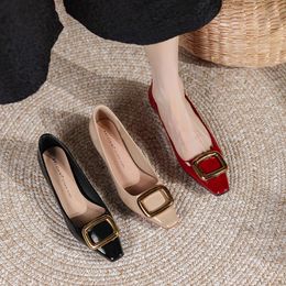 7318-15 square buckle single shoes womens patent leather square head thick heel shallow mouth flat shoes sheepskin pad