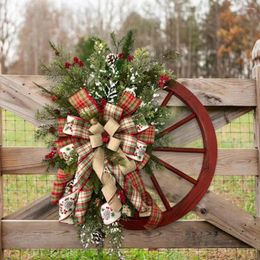 Decorative Flowers 30cm Wheel Christmas Wreath Bowknot Fall For Front Door Wooden Hanging Ornament Indoor Outdoor Xmas Decoration