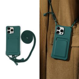 Lanyard Case For iPhone 15 14 12 13 11 Pro Max Mini XS X XR 8 7 Plus Shockproof Card Slot Holder Crossbody Necklace Strap Cover