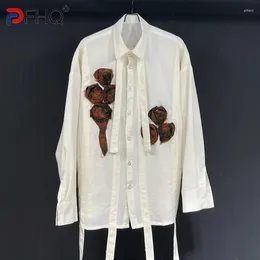 Men's Casual Shirts PFHQ Loose Summer Male Long Sleeves Lapel Handmade Flower Linen Ribbon Design Single Breasted Cool Tops 21Z4301