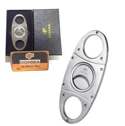 Fashion High-Grade Portable Silver Stainless Steel Cigar Cutter Guillotine Double Cut Blade in Black Gift Box Smoke Knife2099472