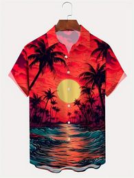 Men's Casual Shirts 2024 Hawaii Shirt Sunset Waves And Coconut Tree 3D Graphic Print Fashion Loose Party Summer Short Sleeve