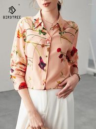 Women's Blouses Birdtree Commuter Digital Print Mulberry Silk Shirt 2024 Autumn Top Long Sleeve Crepe Double T38361QC