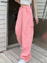 Women's Jeans S-4XL Women Pink Solid Casual High Waist Wide Leg Sweet Streetwear Korean Fashion Style Denim Tender All-match Spring Chic