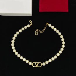 Gold Colour Women Fashion Designer Necklace Bracelet Earrings Simple V Letter White Pearls Luxury Pendant Trendy Sets