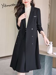 Yitimuceng Slim Suit for Women Female Blazer Sets with Skirt 2023 Office Ladies Notched Trench Blazers Vintage Midi Skirt Suits