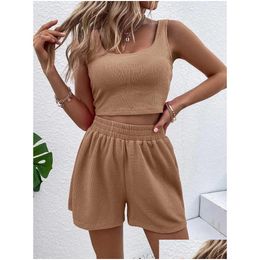 Womens Two Piece Pants 2024 Y Rib Knit Shorts And Top Pieces Set Summer Women Casual Tracksuit Short Sleeve Camisole Suit Female Drop Dhmdb