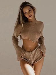 Sexy Beach Crop Top Shorts Sets Women Knit Long Sleeve Lace Up Female Suit Summer Holiday See Through 2 Piece Set Womens 240412