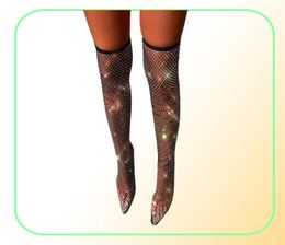 Sexy Women039s Boots Over The Knee Boots Thigh High Botas Pointed Toe High Heels Shoes Female Crystal Fishnet Mesh Nightclub Sh7280650