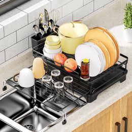 Kitchen Storage 2 Tier Dish Drying Rack Countertop Dinnerware Plates Drain Stretchable Organiser Holder