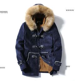 Men's Down & Parkas Autumn And Winter Fur Collar Horn Buckle Deer Veet Leather Coat Long Section Slim Thick Warm Youth Cotton Jacket By261