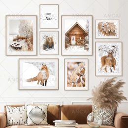 Forest Winter Landscape Pictures Canvas Painting Wall Art Modern White Snow Animal leaves Poster Print Living Room Decoration