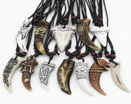 Fashion Jewellery Wholesale 12PCS/LOT Mixed Cool Imitation Bone Carved Dragon Totem /Wolf Tooth Pendant Necklace Amulets Drop Shipping5943487
