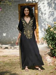 Basic Casual Dresses 2024 Black Sexy V Neck Batwing Slve Gold Embroidered Long Dress For Women Summer Relaxed Vacation Party Maxi Dresses Q1642 T240412