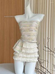 Work Dresses French Elegance Outfits 2 Piece Skirt Set Gyaru Beige Tube Top Luxury Elastic Waist Pleated Party Prom Banquet Harajuku