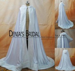 2016 Winter Wedding Cloak Cape Custom Made Hooded with Faux Fur Trim Long for Bride Satin Jacket 0072678768