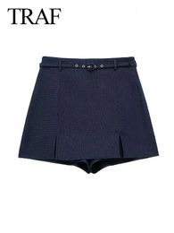 TRAF Womens Fashion Culottes Solid Colour High Waist Belt Decorate Zipper Female Street Style Slim Short Pants 240407