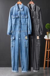 Men039s Jeans Loose Pockets Cargo Denim Long Sleeve Jumpsuits Hip Hop Overalls Blue Black8993788