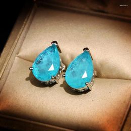 Stud Earrings Classic 925 Silver Inlaid Paraiba Droplets Gemstones Ear Studs Light Luxury Geometry Blue For Women Party Jewelry