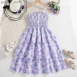 Flickans klänningar Girl Dress Summer New Purple Halter Söt blommig tryck Klänning Birthday Party Daglig vardaglig semester Pastoral Style Y240412