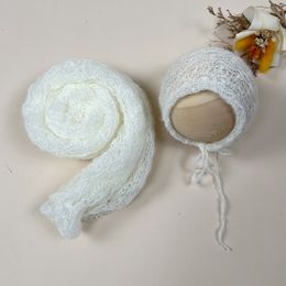 Don&Judy A Set Photo Shoot Prop 150x40CM Soft Stretchy Knit Mohair Wrap Little Infant Bonnet for Newborn Photography Accessories