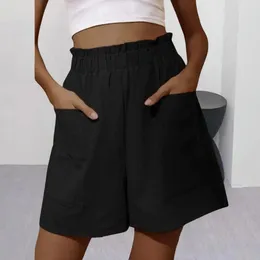 Women's Shorts Summer Women Elastic High Waist Loose Side Pockets Shirring Straight Daily Casual