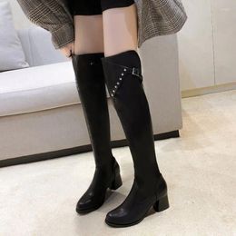 Boots Women Leather Elastic Ladies Plush Long Boot Autumn Winter Thick Heels Over The Knee Slip On Knight Botas Plus Size